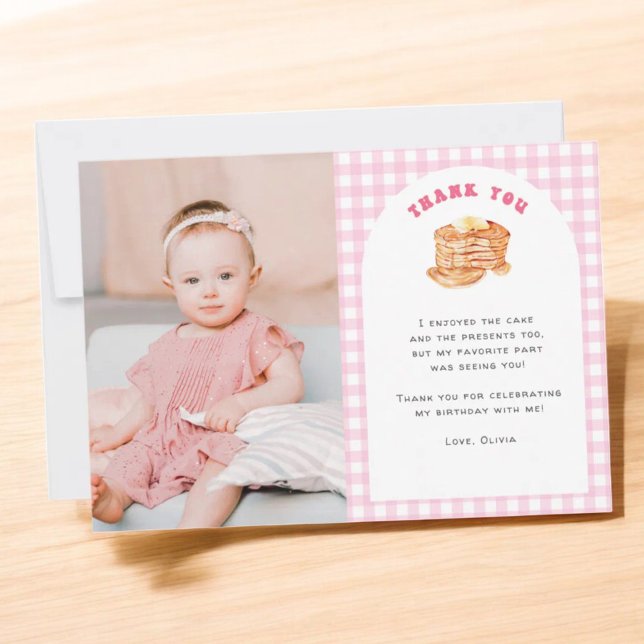 Girl Pancake Breakfast 1st Birthday Photo Thank You Card (Creator Uploaded)