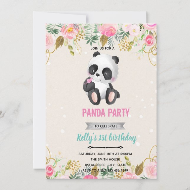 Girl panda flower invitation (Front)