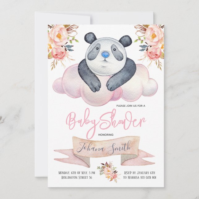 Girl Panda Pink Floral Baby Shower Invitation (Front)