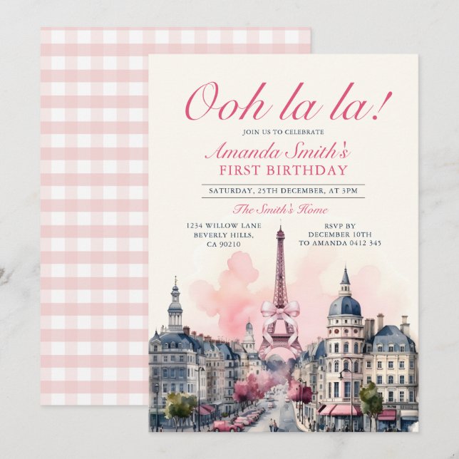 Girl Paris Patisserie 1st Pink Bow Birthday Party Invitation (Front/Back)