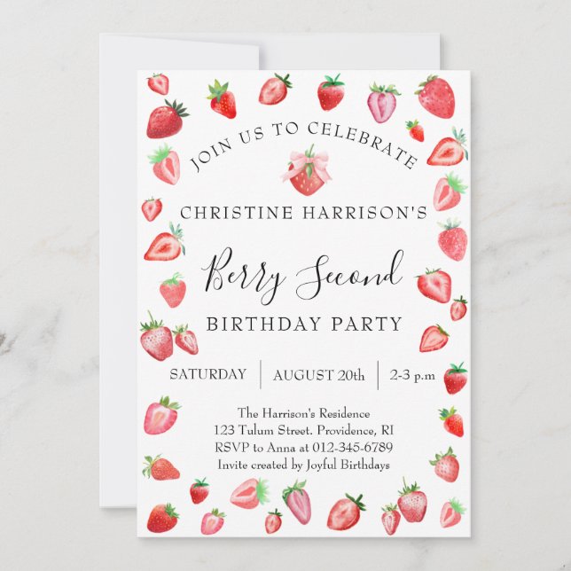 Girl Party Berry Second Birthday Invitation (Front)
