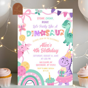 Girl Pastel Party like a Dinosaur Birthday Invitation