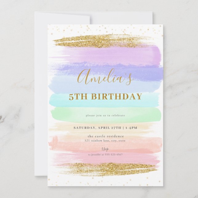 Girl Pastel Rainbow 5th Birthday Invitation (Front)