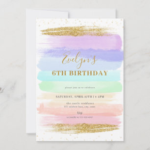 Girl Pastel Rainbow 6th Birthday Invitation