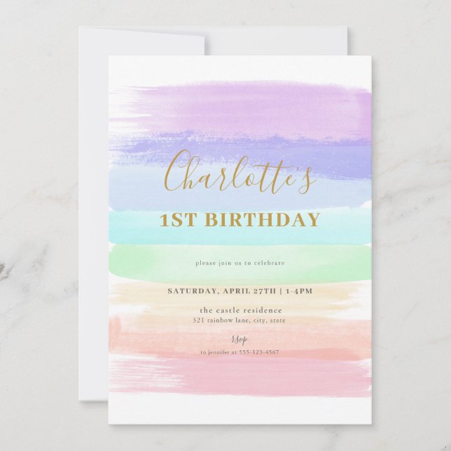 Girl Pastel Rainbow First Birthday Invitation (Front)