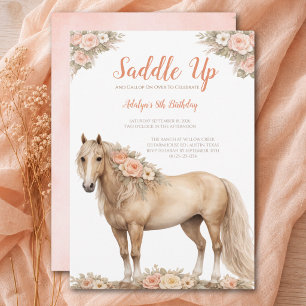 Girl Peach Floral Horse 8th Birthday Invitation