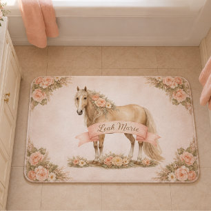 Girl Peach Floral Horse Personalised Shabby Chic Bath Mat