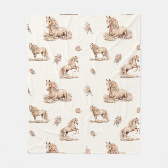 Girl Peach Horse Roses Pattern Fleece Blanket (Front)