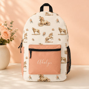 Girl Peach Rose Horse Script Font Monogram Printed Backpack