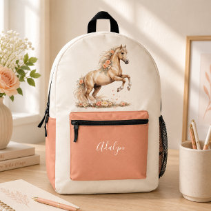 Girl Peach Rose Horse Script Monogram Printed Backpack