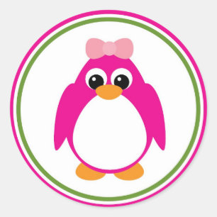 Girl Penguin in Pink and Green Classic Round Sticker