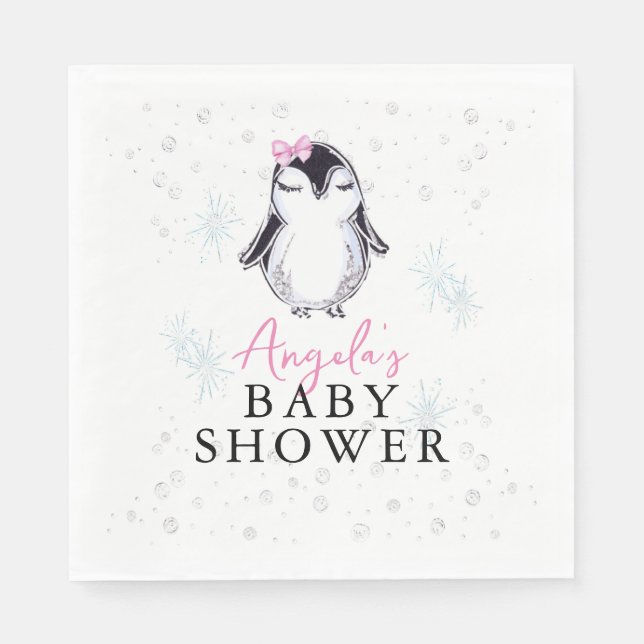 Girl Penguin Winter Baby Shower  Napkin (Front)