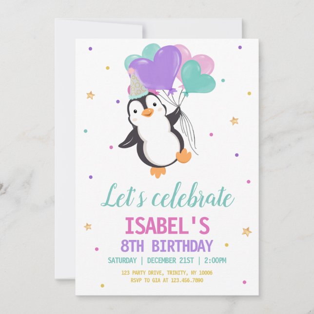 Girl Penguin Winter Birthday Party Invitation (Front)