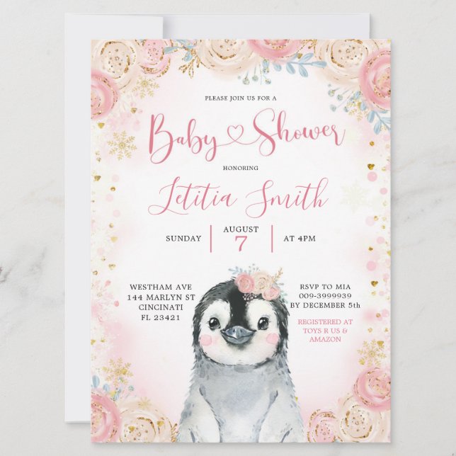 Girl Penguin Winter Snowflake Baby Shower Invite (Front)
