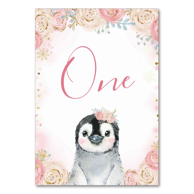 Girl Penguin Winter Snowflake Table Number Sign (Front)
