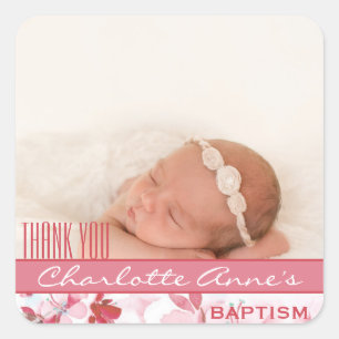Girl Photo Baptism Thank You Favour   Pink Floral Square Sticker