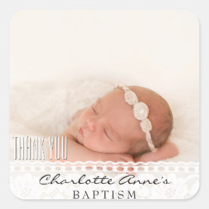 Girl Photo Baptism Thank You Vintage Floral Lace Square Sticker