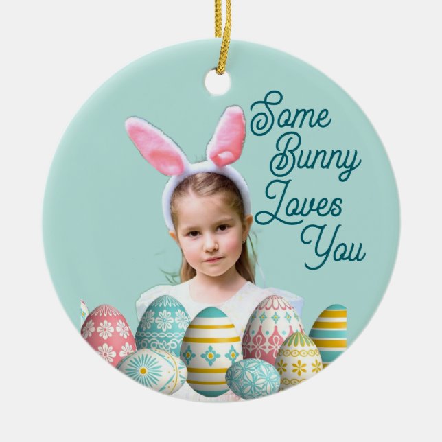 Girl Photo Bunny Ears Cute Blue  Ceramic Tree Decoration (Front)