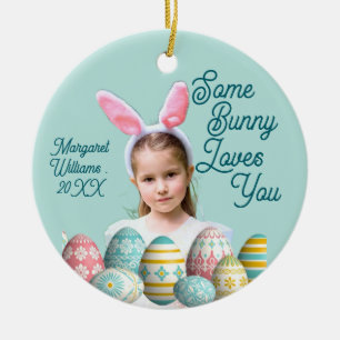 Girl Photo Bunny Ears Cute Blue Ceramic Tree Decoration