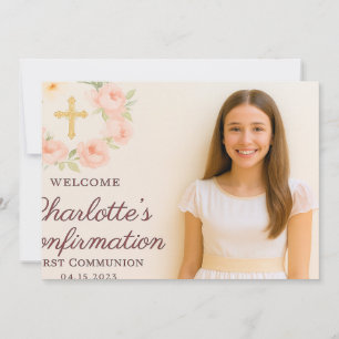Girl photo cream beige bow cross Confirmation Thank You Card