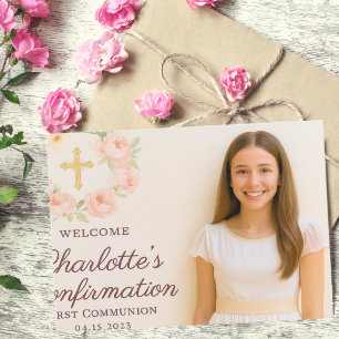 Girl photo cream beige bow cross Confirmation Thank You Card