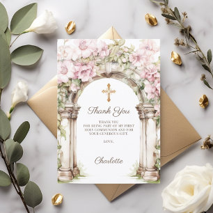 Girl photo First Communion pink floral arch Thank You Card