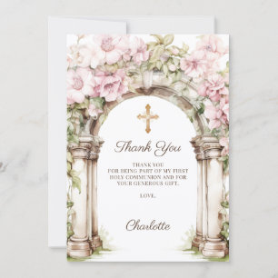 Girl photo First Communion pink floral arch Thank You Card