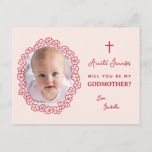 Girl Photo Pink and Red Floral Godmother Proposal Holiday Postcard