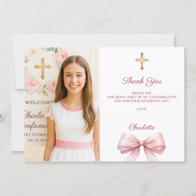 Girl photo pink bow Confirmation Thank You Card (Front)