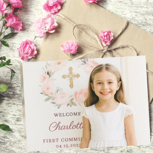 Girl photo pink bow cross First Communion Thank You Card