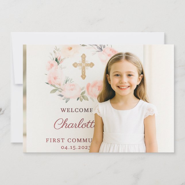 Girl photo pink bow cross First Communion  Thank You Card (Front)