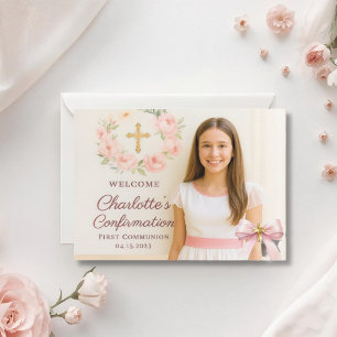 Girl photo pink bow cross First Holy Communion Thank You Card