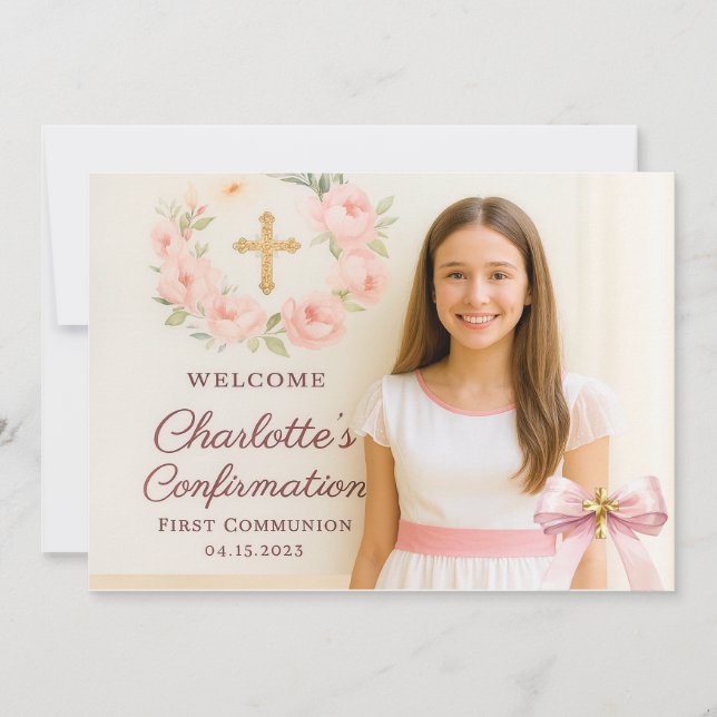 Girl photo pink bow cross First Holy Communion Thank You Card (Front)