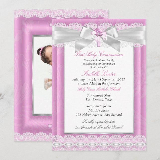 Girl Photo Pink Floral Cross First Holy Communion Invitation (Front/Back)