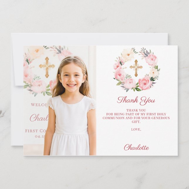 Girl photo pink florals cross First Communion  Thank You Card (Front)