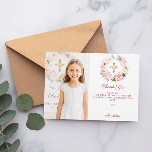 Girl photo pink florals cross First Communion Thank You Card