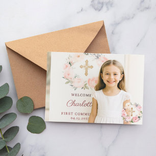 Girl photo pink florals cross First Communion Thank You Card