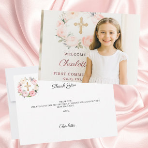 Girl photo pink florals cross First Communion Thank You Card