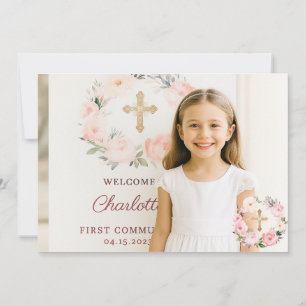 Girl photo pink florals cross First Communion Thank You Card