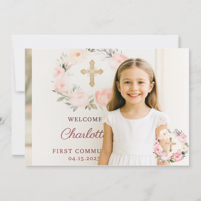 Girl photo pink florals cross First Communion  Thank You Card (Front)