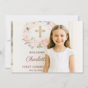 Girl photo pink florals cross First Communion Thank You Card