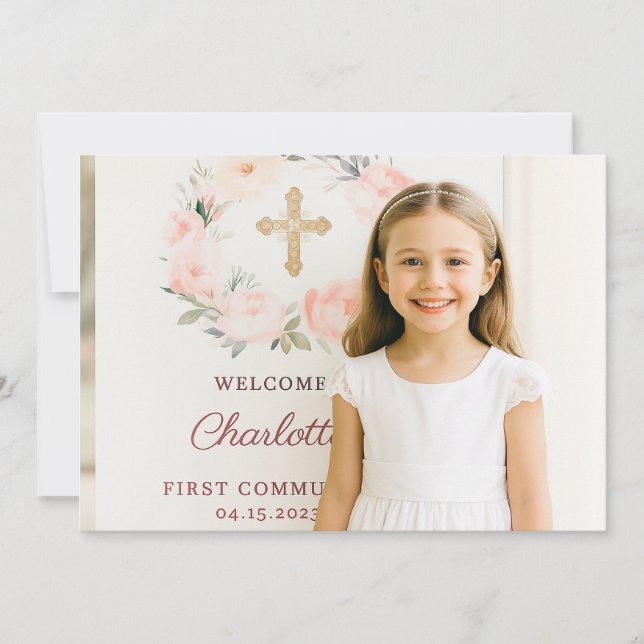 Girl photo pink florals cross First Communion  Thank You Card (Front)