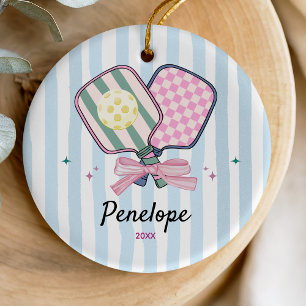 Girl pickleball player sports paddles personalized ceramic tree decoration