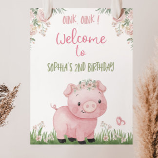 Girl Pig Birthday Welcome Sign, Piggy Party Decor