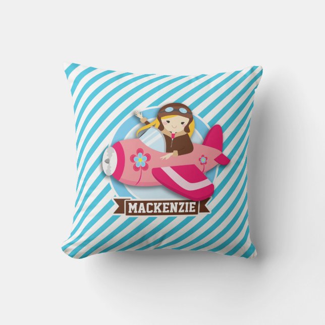 Girl Pilot in Pink Aeroplane; Blue & White Stripes Cushion (Front)