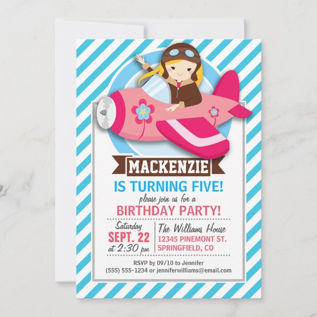 Girl Pilot in Pink Aeroplane; Blue & White Stripes Invitation (Front)