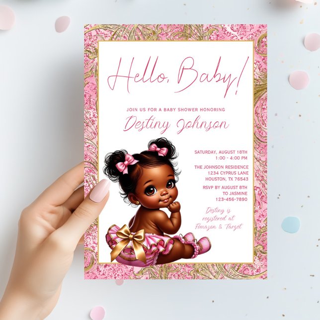 Girl Pink and Gold "Hello Baby" Baby Shower Invitation (Adorable pink and gold baby girl shower invitation. Simply add your event details.)