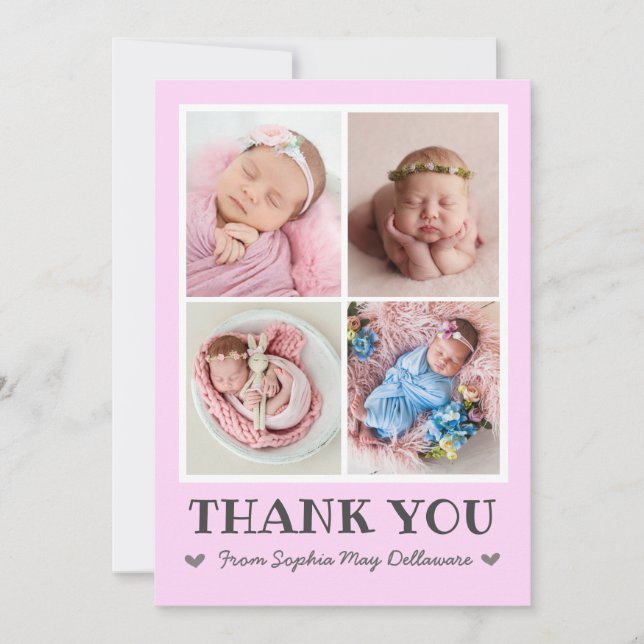 Girl pink baby thank you card with photo collage (Front)