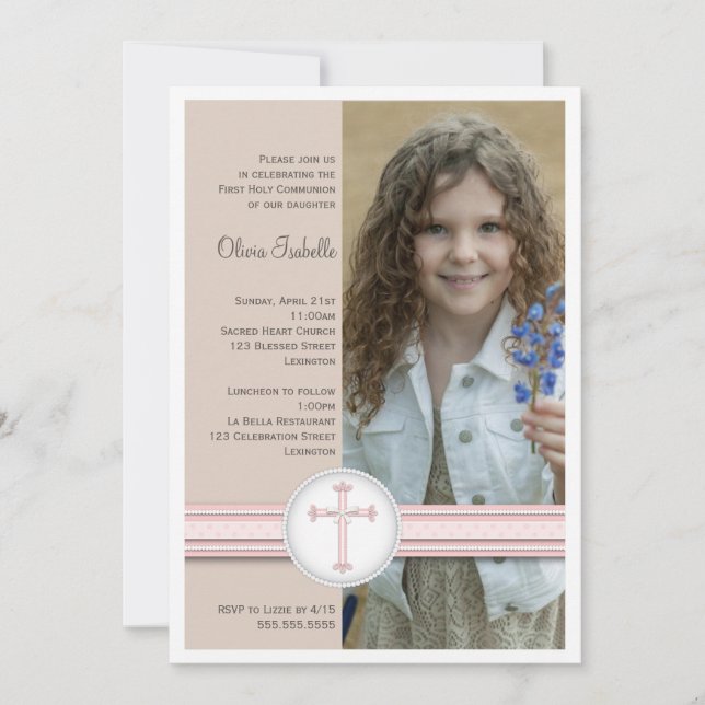 Girl Pink | Beige Photo Communion Invitation (Front)