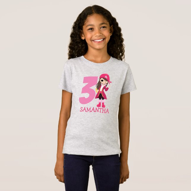 GIRL Pink Birthday Party Pirate 3rd Name  T-Shirt (Front Full)
